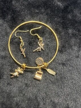 Gold Charm Bangle Bracelet with Matching Gold Dangle Earrings - Unbranded
